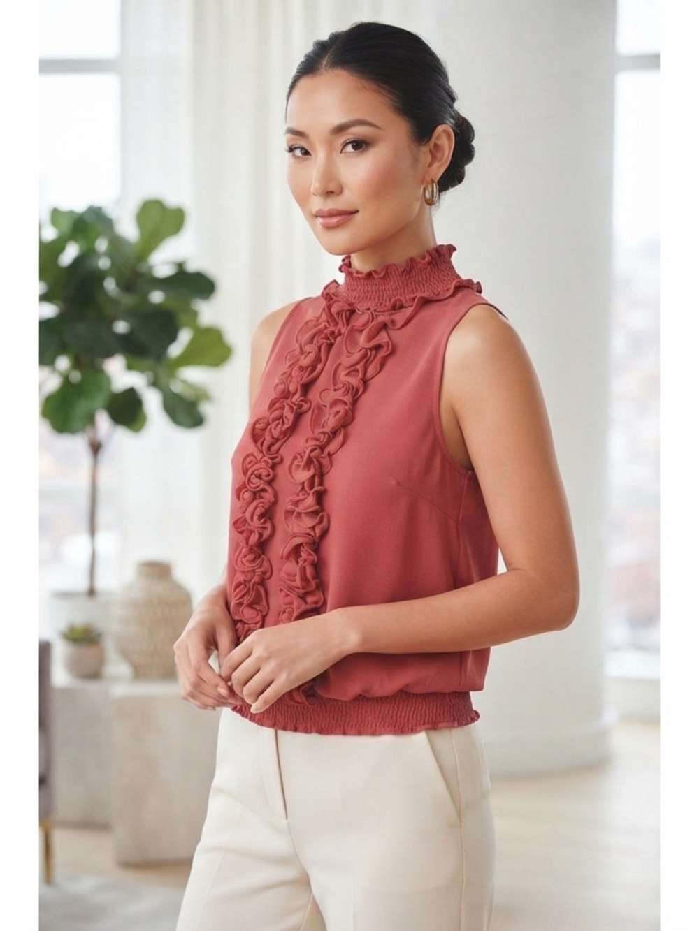 The Limited Rosewood Ruffle Mock-Neck Sleeveless Camisole